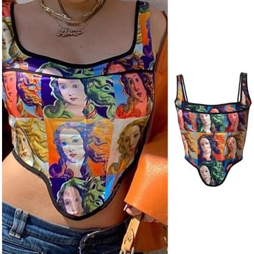 Summer Printing Sexy Backless Camisoles Nightclub Party Fashion Stretch Slim Halter Vest Fishbone T-shirt Short Tank Top