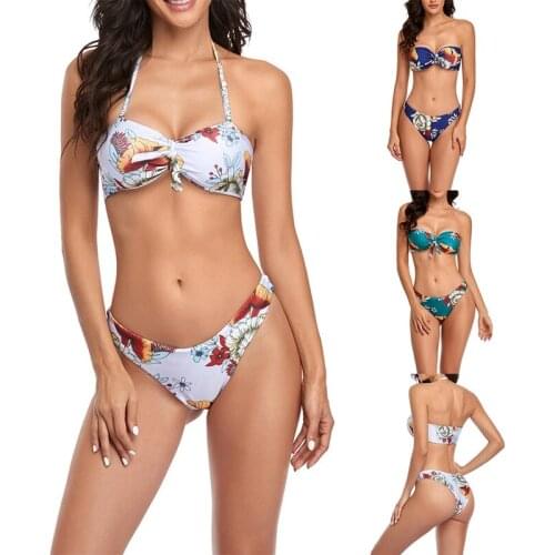 Hot kf-Womens Fashion Sexy Printed Split Halter Bikini 2 Piece Swimsuit