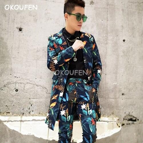 Fashion New Exquisite printed casual suits nightclub bar male singer dj host stage show suit tide mens slim suit stage wear