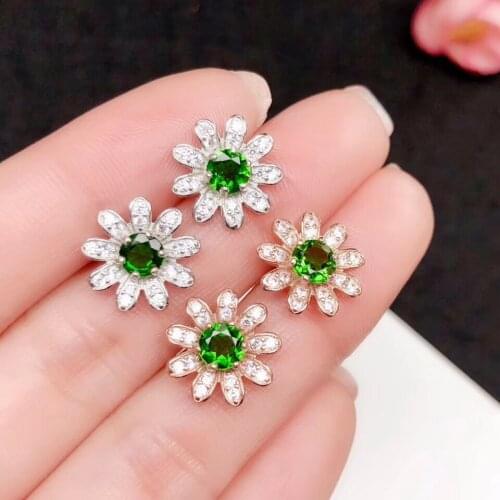 Charming sunflower fresh green diopside earrings women silver earrings birthday anniversary ornament present natural gem round
