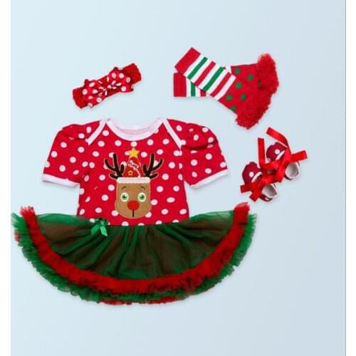 Wholesale baby girl 6m 12m deer christmas dress leg warmer headband shoes baby costume set baby girl party romper