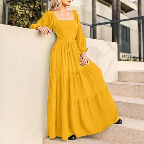 Autumn Spring Long Sleeve Dress VONDA 2021 Women Bohemian Puff Sleeve Square Collar Dress Bohemian Sundress Femme Casual Vestido