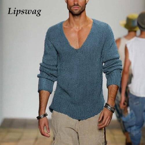 Autumn Casual Solid Color Mens Knit Sweater 2021 Spring Long Sleeve V-Neck Pullover Tops Male Fashion Loose Streetwear