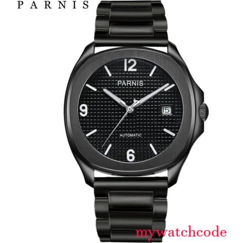 Parnis black dial Sapphire glass date PVD case Miyota automatic mens watch P1050