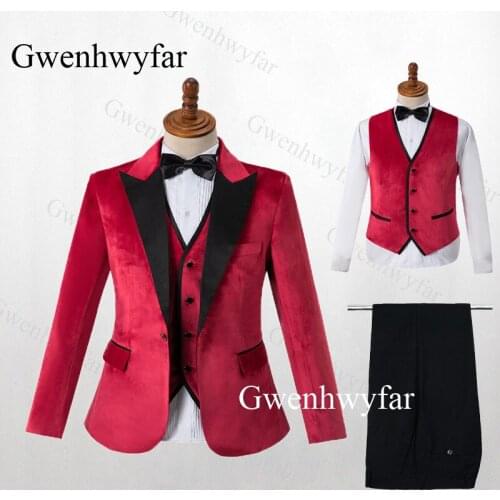 Gwenhwyfar Custom Made Slim Fit Men Suits Red Velvet Prom Stage Wedding Tuxedos 2019 Fall 3 Piece Male Set Suit Jacket Vest Pant