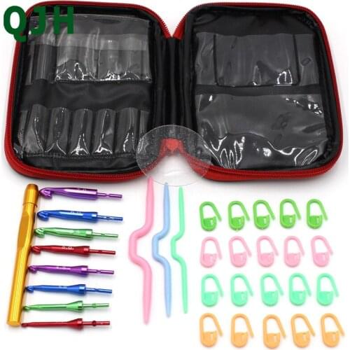 33pcs/set Removable Aluminum Crochet Hook Head with Handle Locking Stitching Markers Crooked Needles Knitting Needles Tool Set
