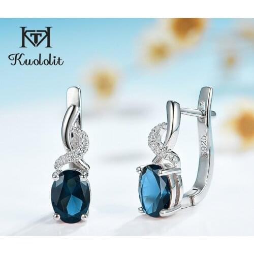 Kuololit London blue Gemstone Clip Earrings for Women Genuine 925 Sterling Silver Oval 6x8 Luxury earring for Engagement Bridal