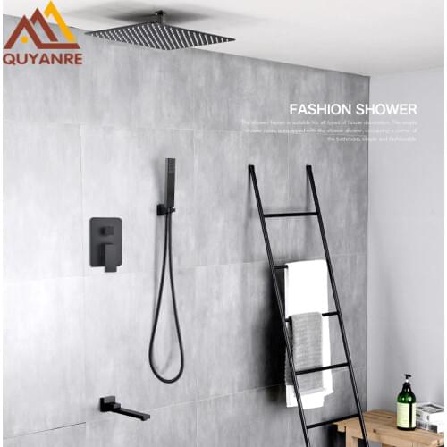 Quyanre Matte Black Ceiling Shower Faucet Rainfall Waterfall Ceiling Mount Shower System 3-way Hot Cold Water Mixer Bath Shower
