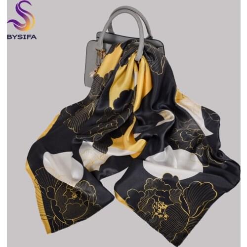 BYSIFA|Black Yellow Women 100%Silk Scarf 108*108cm Fashion Brand Summer Beach Shawls Cover-ups Ladies Accessories Square Scarves