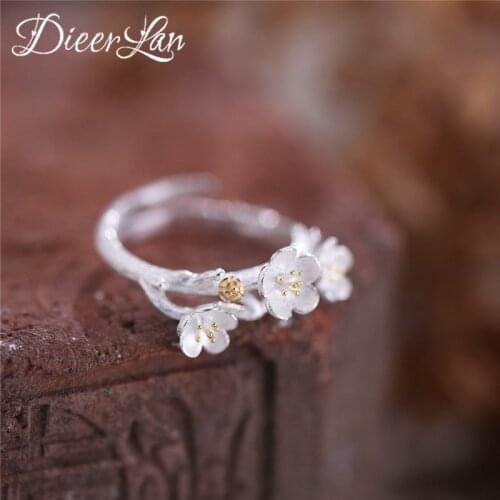 DIEERLAN Real Pure 925 Sterling Silver Jewelry Personality Big Plum Flower Rings for Women Girl Adjustable Size Open Finger Ring