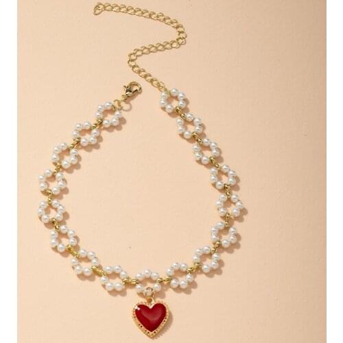 Sweet Simple Hollow Out Pearl Chain Red Heart Pendant Choker Necklace For Women