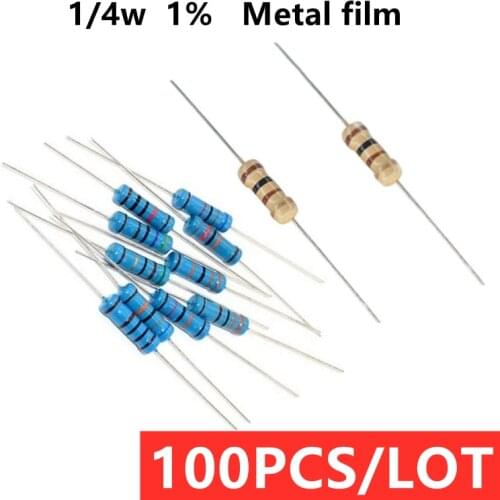 100pcs/lot Color ring resistance 1/4W metal film 1% 1R 10R 33R 100R 200R 220R 120R 330R 470R 510R 2.2K 3.3K 4.7K 5.1K 10K 20K