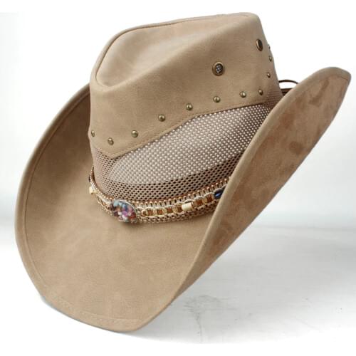 2019 100% Leather Women Mesh Western Cowboy Hat Lady Wide Brim Hat Outdoor Sombrero Hombre Cowgirl Hat