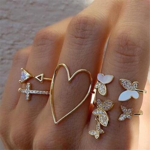 European And American Women 5pcs/set Index Finger Rings Cross Triangle Crystal Butterfly Hollow Out Heart Ring Fashion Jewelry
