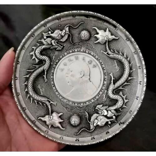 9.7 cm */ China Tibet silver double dragons statue round COINS plate