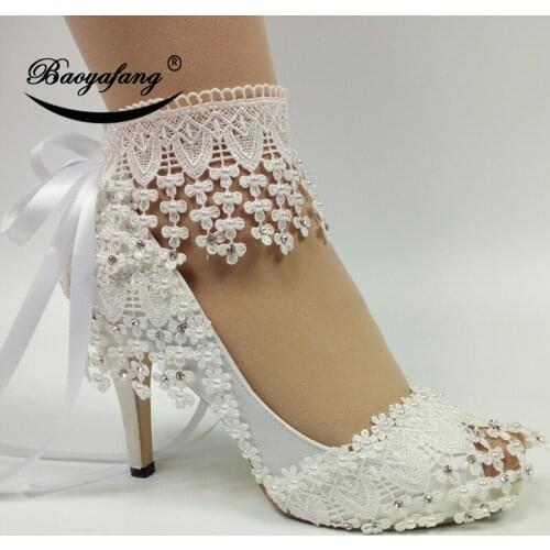BaoYaFang 2019 New Lace-Up fashion shoes For woman White Flower Wedding shoes Ankle Strap High shoes sweet party shoe