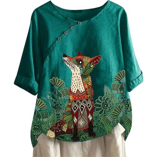Cotton And Linen Animal Print Women Blouses Plus Size Vintage Fox Printed Short Sleeve Kimono Casual Loose Top Tunic Woman Blusa
