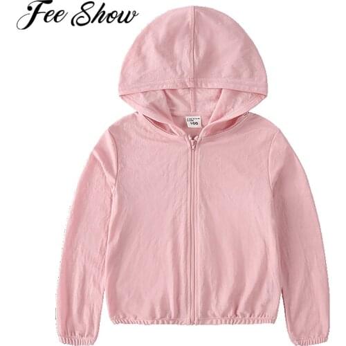 Kids Girls Pure Color Cotton Hooded Hoodie Long Sleeves Front Zipper Elastic Hem Coat Tops for Outdoor Sport Sunproof Skinsuits