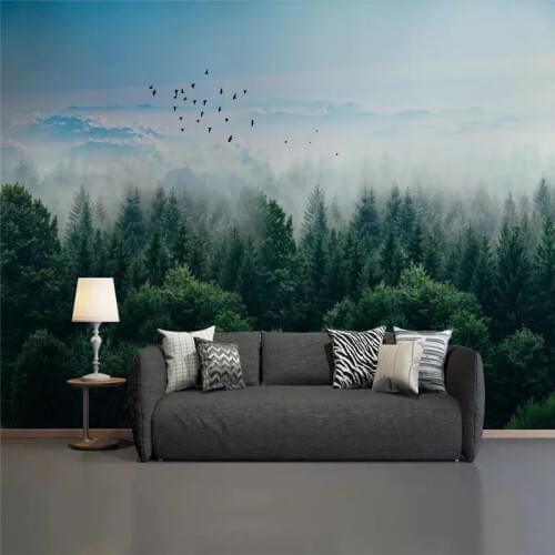 Foggy forest far mountain bird background wall professional production mural wholesale wallpaper custom photo wall