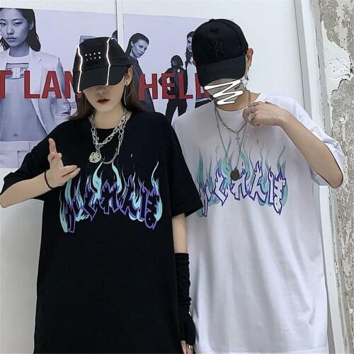 Cool Cotton Couple Flame Print Tees Black Goth Korean Punk Tshirt Black Harajuku Ladies Sweatshirt Loose White Girls Tops Femme
