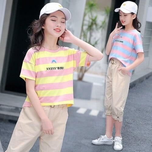 Girls Sets 2021 New Children Striped Korean Version of the Big Girl Summer Two-piece Suit Kids Cloth