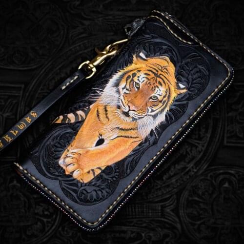 Handmade Genuine Leather Wallets Tiger Bag Purses Women Men Clutch Vegetable Tanned Leather Wallet Card Holder Carteras Mujer