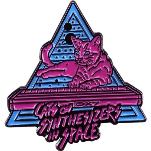 Cats on synthesizers in space neon badge funny piano keyboard brooch musician friend gift