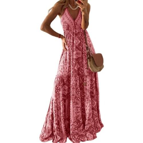 Summer Ladies Loose Long Length Dress Casual Ethnic Style Print Deep V Neck Vintage Comfortable Clothe Wear for Outdoor M-3XL