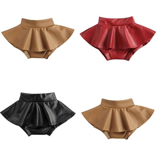 Summer Baby Clothes Solid Color PU leather Kid Girls Shorts Elastic Waist Ruffle Toddler Bloomer Korean Casual Clothing