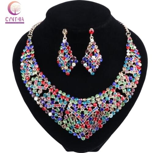 Fashion Jewelry Gold Color Crystal Rhinestones Necklace and Earrings set Women Bridal Wedding Jewelry sets 5Color