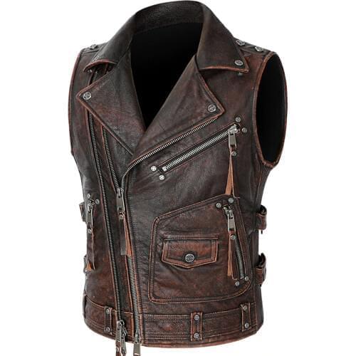 Mens Vintage Heavy Real Leather Motorcycle Biker Vest Lapel Zipper Cowhide Genuine Leather Sleeveless Jacket Brown Black