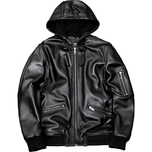 Mens Genuine Hooded Leather Jacket Short Casual Top Layer Sheep Leather Jacket