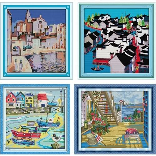 Love Harbor Cross Stitch Kit House with Flowers Embroidery Needlework Counted Fabric Thread Stamped 11CT 14CT Handmade Art Print