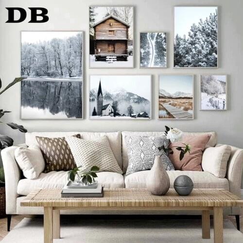 Snow Scene Forest Tree House Lake Bridge Wall Art Canvas Painting Nordic Posters And Prints Wall Pictures For Living Room Decor