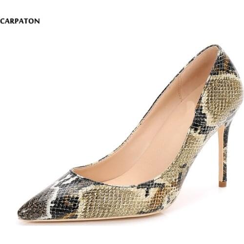 Carpaton 2019 Newest Snake Printed Leather High Heel Shoes Pointed Toe Thin Heels Woman Pumps Sexy Night Club Wearing Shoes