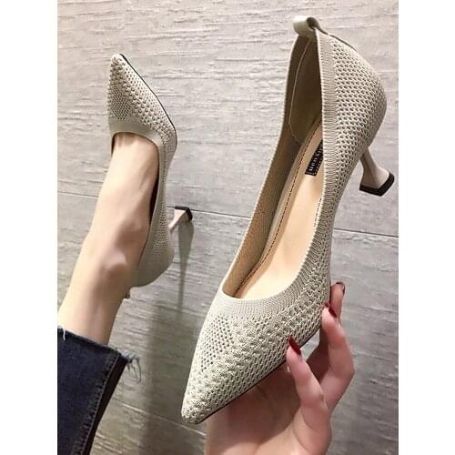 Single-shoe womens spring/autumn 2021 new toned shallow-mouthed work shoes breathable flying net red cat heels