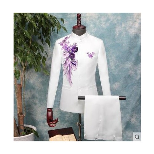 Stage embroidered clothing for men Chinese tunic suit set with pants mens wedding suits formal dress Singer star style white