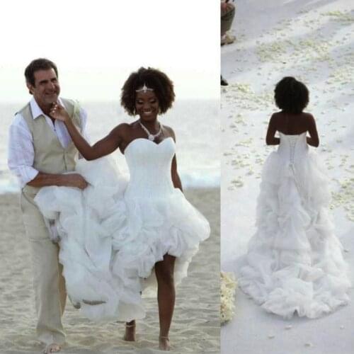 African Wedding Dresses High Low White Organza Bridal Gowns Sweetheart Cascading Ruffles Tiers Custom Made Wedding Dresses