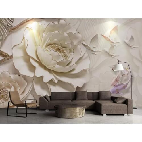 Embossed Peony Flower Carp Wall Mural Wallpaper Painting 3D Wall Paper Rolls Art Wall Decor Photo Floral Fish Wallpapers Custom