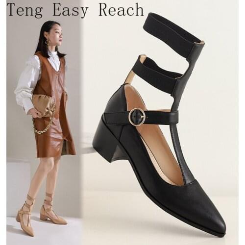 Roman Style Pumps Woman Hollow Out Shallow Genuine Leather High Heels Ladies Shoes Buckle Strap Square Heel Dress Shoes 34-39