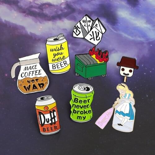 Fun Cartoon Brooch Enamel Pin Drink me girl Alice Duff Beer can Coffee pot Dustbin on fire Ice cream Brooches Badge Jewelry Gift