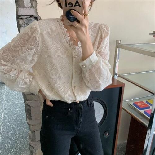 Spring Lace Blouse Women Crochet Flower Shirts V-Neck Pearls Single Breasted Tops Long Sleeve Hollow Out Elegant Sweet Korean