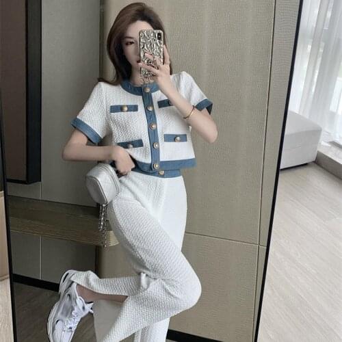 Casual Contrast Patchwork 2 Piece Sets Women O Neck Short Sleeve Cardigan Single-breasted Coat Tops Split White Wide Leg Pants