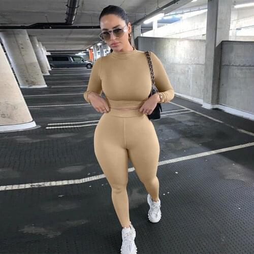 New Long Sleeve Crop Top+leggings Matching Set Trendy Racksuit Women Turtleneck Super Strechy Sporty Fitness Trend Outfits 2021