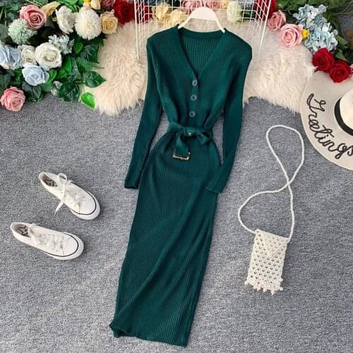 Elegant Women Knitted Long Dress Spring Autumn Long Sleeve Sashes Sexy Lady V neck Bodycon Dress Black Female Slim Sweater Dress