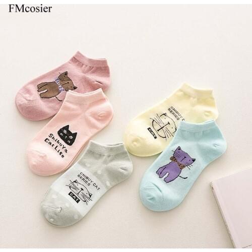 10Pairs Funny Women Invisble Cotton Cartoon Cat Breathable No Show Boat Socks for Ladies Pink Calcetines Invisibles de mujer