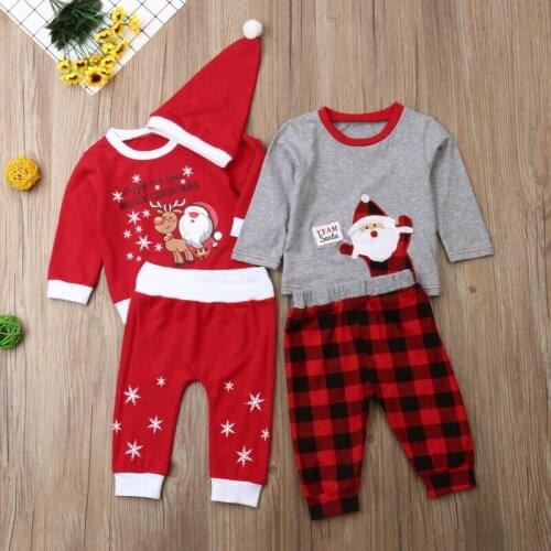 2 Styles Set Fashion Infant baby Girl Boy Letter happy new year Christmas Long Sleeve T-shirt Pants Hat Outfit Xmas Set 0-18m