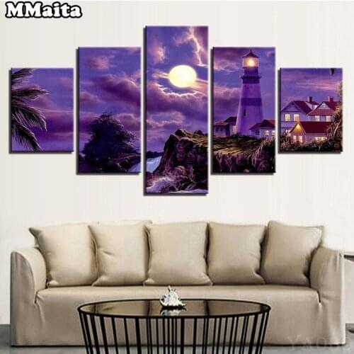 5 Pcs DIY 3D Diamond Embroidery House lighthouse moon landscape Diamond Painting full square/round drill Cross Stitch GG5608