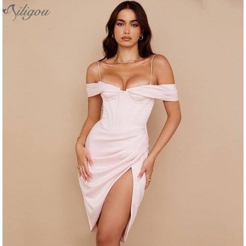 Ailigou Summer Strapless Sexy WomenS High Slit Thin Shoulder Strap Draped Tight-Fitting Midi Dress Halter Elegant Party Dress