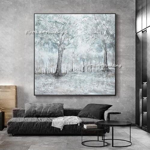 White Silver Rich Tree Modern Canvas Paintings Abstract Art for Living Room Handpainted Landscape Pictures Unframed